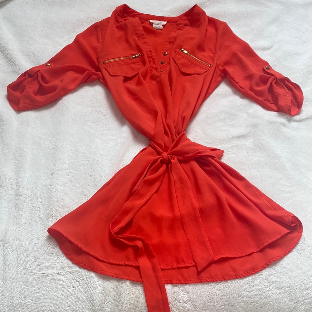 Miley and Molly Small Vibrant Orange Tie-Waist Dress Sheer
